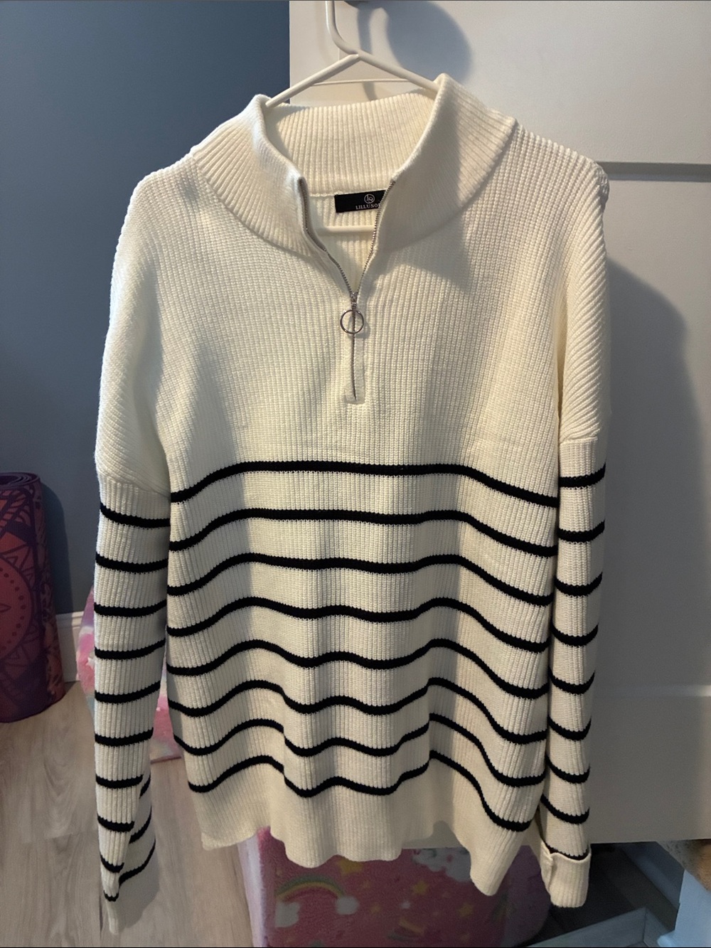 Cream and Black Striped Half-Zip Sweater